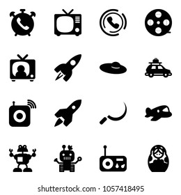 Solid vector icon set - phone alarm vector, tv, horn, film coil, news, rocket, woman hat, car baggage, wireless speaker, sickle, plane toy, robot, radio, russian doll