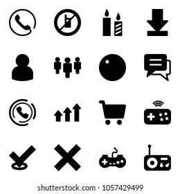 Solid vector icon set - phone vector, no mobile sign, candle, download, user, group, record, chat, horn, arrows up, cart, joystick wireless, check, delete, gamepad, radio