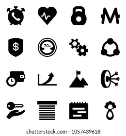 Solid vector icon set - phone alarm vector, heart pulse, weight, monero, safe, limited distance road sign, gear, social, wallet time, growth arrow, mountain, solution, key hand, jalousie, terms plan