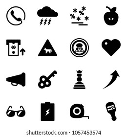 Solid vector icon set - phone vector, storm, christmas sale, apple, atm, cow road sign, no dangerous cargo, heart, speaker horn, key, chess queen, growth, sunglasses, battery, measuring tape