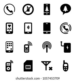 Solid vector icon set - phone vector, no mobile sign, christmas, merry message, heart monitor, payment, horn, antenna, power bank, music player, sim, signal, toy