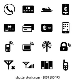 Solid vector icon set - phone vector, credit card, snowmobile, mobile payment, notebook wi fi, antenna, wireless lock, no signal, fine, battery, toy