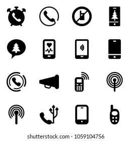 Solid vector icon set - phone alarm vector, no mobile sign, christmas, merry message, heart monitor, payment, horn, speaker, antenna, toy