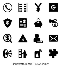 Solid vector icon set - phone vector, plane seats, yen, safe, account statement, piggy bank, encashment, money click, airport road sign, user password, mail, solution, opportunity, identity card