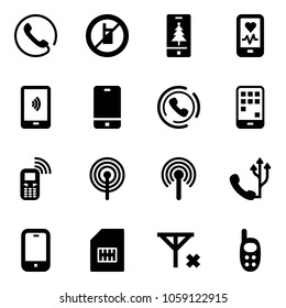 Solid vector icon set - phone vector, no mobile sign, christmas, heart monitor, payment, horn, antenna, sim, signal, toy