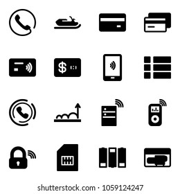 Solid vector icon set - phone vector, snowmobile, credit card, tap pay, mobile payment, menu, horn, growth, server wireless, music player, lock, sim, battery, generator