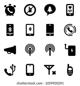 Solid vector icon set - phone alarm vector, no mobile sign, merry christmas message, heart monitor, payment, horn, speaker, antenna, power bank, signal, toy