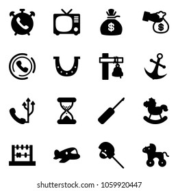 Solid vector icon set - phone alarm vector, tv, money bag, encashment, horn, luck, ship bell, anchor, sand clock, awl, rocking horse, abacus, plane toy, stick, wheel