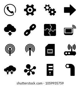 Solid vector icon set - phone vector, gear, right arrow, download cloud, link, puzzle, notebook wi fi, antenna, sim, router, exchange data, molecule, server, allen key