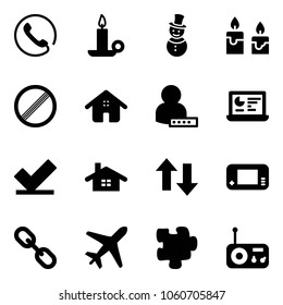 Solid vector icon set - phone vector, candle, snowman, no limit road sign, home, user password, statistics monitor, check, up down arrows, game console, link, plane, puzzle, radio