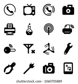 Solid vector icon set - phone vector, tv, horn, camera, printer, round flask, antenna, wireless, key, no signal, wind mill, wrench, side cutters, wood drill, game console