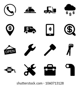 Solid vector icon set - phone vector, client bell, fork loader, money rain, dollar pin, encashment car, mobile payment, click, open, wrench, rubber hammer, plumber, jack, screwdriver, tool box