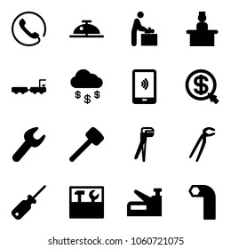 Solid vector icon set - phone vector, client bell, baby room, recieptionist, baggage truck, money rain, mobile payment, click, wrench, rubber hammer, plumber, screwdriver, tool box, stapler