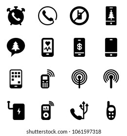 Solid vector icon set - phone alarm vector, no mobile sign, christmas, merry message, heart monitor, payment, antenna, power bank, music player, toy
