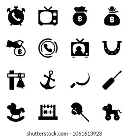 Solid vector icon set - phone alarm vector, tv, money bag, encashment, horn, news, luck, ship bell, anchor, sickle, awl, rocking horse, abacus, stick toy, wheel