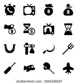 Solid vector icon set - phone alarm vector, tv, money bag, encashment, account history, news, sand clock, luck, ship bell, sickle, farm fork, awl, plane toy, horse stick