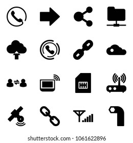 Solid vector icon set - phone vector, right arrow, share, network folder, upload cloud, horn, link, information exchange, notebook wi fi, sim, router, satellite, fine signal, allen key