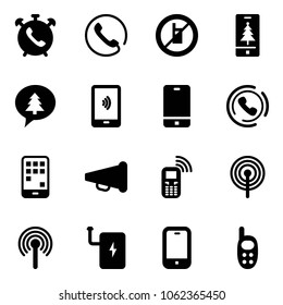 Solid vector icon set - phone alarm vector, no mobile sign, christmas, merry message, payment, horn, speaker, antenna, power bank, toy