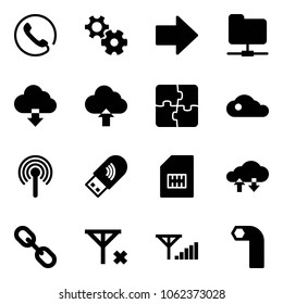 Solid vector icon set - phone vector, gear, right arrow, network folder, download cloud, upload, puzzle, antenna, usb wi fi, sim, exchange data, link, no signal, fine, allen key