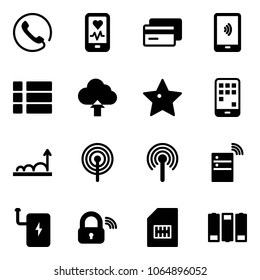 Solid vector icon set - phone vector, mobile heart monitor, credit card, payment, menu, upload cloud, star, growth, antenna, server wireless, power bank, lock, sim, battery