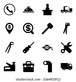 Solid vector icon set - phone vector, client bell, recieptionist, fork loader, dollar pin, money click, rubber hammer, plumber, screwdriver, jack, wrench, stapler, tool box, allen key, truck toy