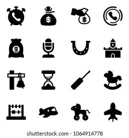 Solid vector icon set - phone alarm vector, money bag, encashment, horn, microphone, luck, sand fort, ship bell, clock, awl, rocking horse, abacus, plane toy, wheel
