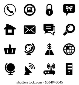 Solid vector icon set - phone vector, no computer sign, lock, bow message, home, mail, chat, magnifier, basket, globe, dollar, satellite antenna, wi fi router, server