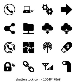 Solid vector icon set - phone vector, notebook connect, gear, right arrow, share, network folder, download cloud, upload, horn, puzzle, antenna, usb wi fi, wireless lock, link, fine signal