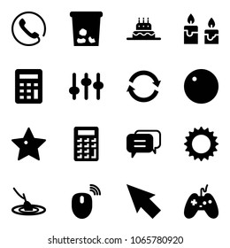 Solid vector icon set - phone vector, trash, cake, candle, calculator, settings, refresh, record, star, dialog, sun, fishing, mouse wireless, cursor, joystick