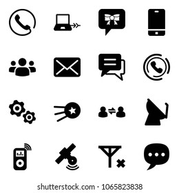 Solid vector icon set - phone vector, notebook connect, bow message, group, mail, chat, horn, gears, first satellite, information exchange, antenna, music player, no signal