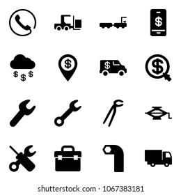 Solid vector icon set - phone vector, fork loader, baggage truck, mobile payment, money rain, dollar pin, encashment car, click, wrench, plumber, jack, screwdriver, tool box, allen key, toy
