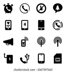 Solid vector icon set - phone alarm vector, no mobile sign, merry christmas message, heart monitor, payment, horn, speaker, antenna, power bank, sim