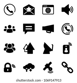 Solid vector icon set - phone vector, star letter, browser globe, volume medium, group, chat, loudspeaker, horn, arrow up, satellite antenna, identity card, wireless lock, cloud exchange data, link