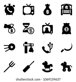 Solid vector icon set - phone alarm vector, tv, money bag, chest, encashment, account history, news, first satellite, ship bell, sickle, farm fork, awl, rocking horse, wheel