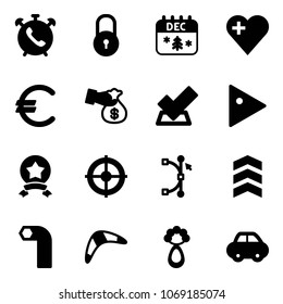 Solid vector icon set - phone alarm vector, lock, christmas calendar, heart, euro, encashment, check, play, star medal, target, bezier, chevron, allen key, boomerang, beanbag, car