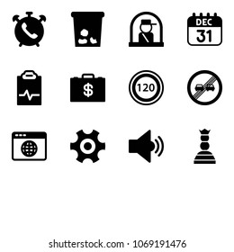 Solid vector icon set - phone alarm vector, trash, officer window, 31 dec calendar, pulse clipboard, money case, speed limit 120 road sign, end overtake, browser globe, gear, volume medium