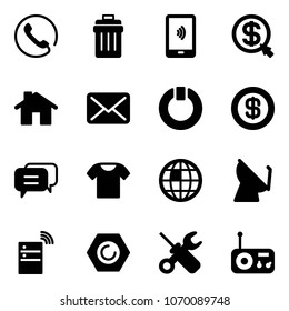 Solid vector icon set - phone vector, trash bin, mobile payment, money click, home, mail, standby, dollar, dialog, t shirt, globe, satellite antenna, server wireless, nut, wrench screwdriver, radio