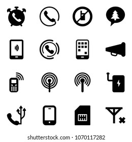 Solid vector icon set - phone alarm vector, no mobile sign, merry christmas message, payment, horn, speaker, antenna, power bank, sim, signal