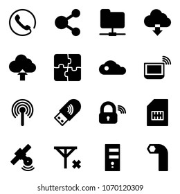 Solid vector icon set - phone vector, share, network folder, download cloud, upload, puzzle, notebook wi fi, antenna, usb, wireless lock, sim, satellite, no signal, server, allen key