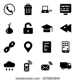 Solid vector icon set - phone vector, trash bin, notebook connect, diagnostic monitor, onion, unlocked, graduate hat, fast backward, link, map pin, document, mobile, rain cloud, wireless mail