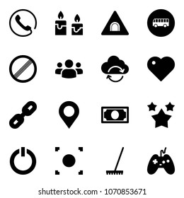 Solid vector icon set - phone vector, candle, tunnel road sign, bus, no limit, group, refresh cloud, heart, link, map pin, money, stars, standby button, record, rake, joystick