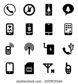 Solid vector icon set - phone vector, no mobile sign, christmas, merry message, heart monitor, payment, antenna, power bank, sim, signal, toy