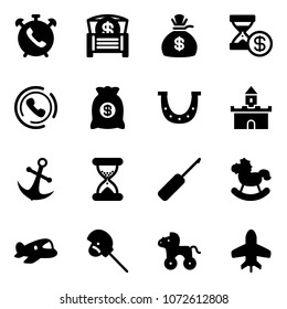 Solid vector icon set - phone alarm vector, money chest, bag, account history, horn, luck, sand fort, anchor, clock, awl, rocking horse, plane toy, stick, wheel