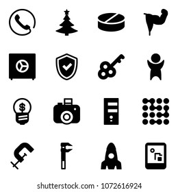 Solid vector icon set - phone vector, christmas tree, pill, power hand, safe, shield check, key, success, business idea, camera, server, circuit, clamp, rocket, game console