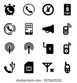 Solid vector icon set - phone alarm vector, no mobile sign, payment, horn, speaker, antenna, power bank, music player, sim, signal, toy