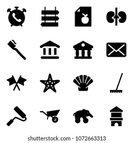 Solid vector icon set - phone alarm vector, sign post, diet list, kidneys, tooth brush, bank, mail, flags cross, starfish, shell, rake, paint roller, wheelbarrow, elephant wheel, toy block house