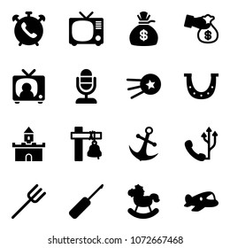Solid vector icon set - phone alarm vector, tv, money bag, encashment, news, microphone, first satellite, luck, sand fort, ship bell, anchor, farm fork, awl, rocking horse, plane toy