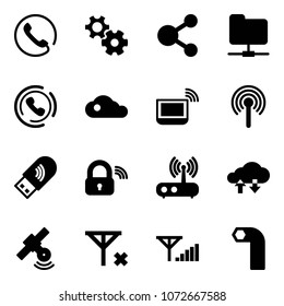 Solid vector icon set - phone vector, gear, share, network folder, horn, cloud, notebook wi fi, antenna, usb, wireless lock, router, exchange data, satellite, no signal, fine, allen key