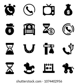 Solid vector icon set - phone alarm vector, tv, money bag, chest, account history, horn, sand clock, luck, ship bell, rocking horse, abacus, wheel