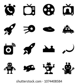Solid vector icon set - phone alarm vector, tv, film coil, news, rocket, first satellite, woman hat, car baggage, wireless speaker, jointer, sickle, robot, plane toy